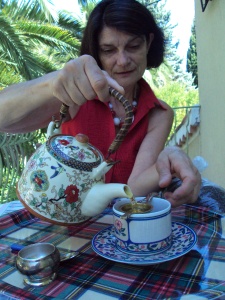 Having breakfast with my French mother using the teapot my grandfather had sent them from China three years ago
